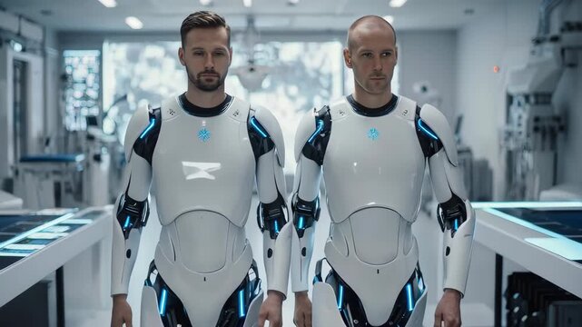 Two men in futuristic exoskeleton suits walking in high tech medical lab
