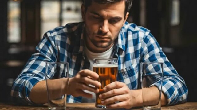 Melancholic Caucasian male with beer at bar, expressing sadness and despondency. Shows burden, loneliness, regret, disappointment, and internal conflict