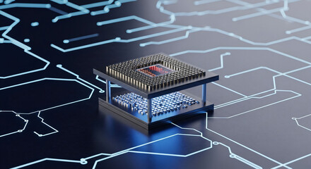 Futuristic microchip powering innovation with glowing circuits and advanced technology symbolizing digital transformation and future connectivity