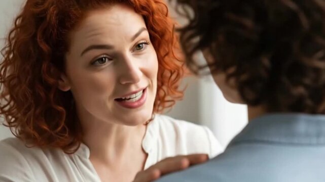 Woman with red curly hair talks with another person. A supportive gesture is present, representing care, affection, empathy, and interpersonal relation