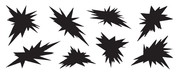 black starburst shapes with sharp points on a white background in a graphic style.