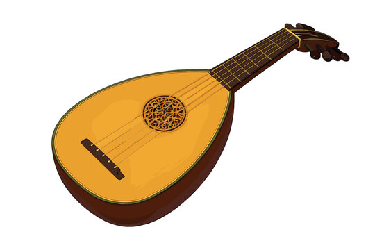 Classical European lute musical instrument featuring strings and carved sound hole