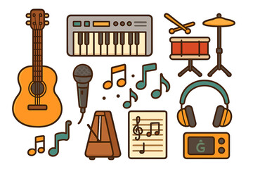 Various musical instruments and accessories including guitar, keyboard, drums, and music notes