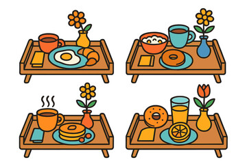 Naklejka premium Four different breakfast in bed serving trays featuring various morning meals and flowers