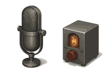 Vintage studio microphone and vacuum tube audio preamplifier for sound recording