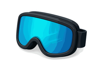 Realistic black frame ski goggles with bright blue reflective lens isolated on white background