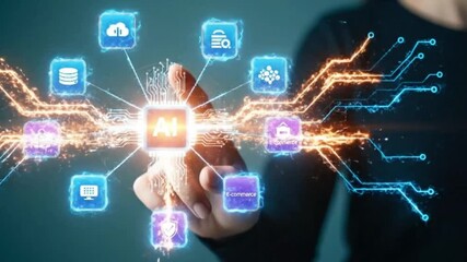 A hand interacts with glowing icons, representing digital connection, artificial intelligence, data flow, technological interface and futuristic concept - Powered by Adobe