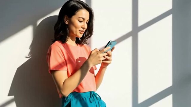 Young Asian woman smiles and uses phone near bright wall with window shadows, representing connection, communication, modern lifestyle, positivity, and tech