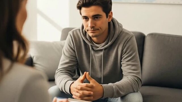 Indoor scene shows a worried young adult in a gray hoodie talking to a therapist, representing therapy session, conversation, mental health support, and understanding