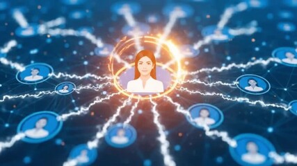 Network with central avatar connected to other user icons via glowing lines, representing connection, social network, digital community, global interaction - Powered by Adobe