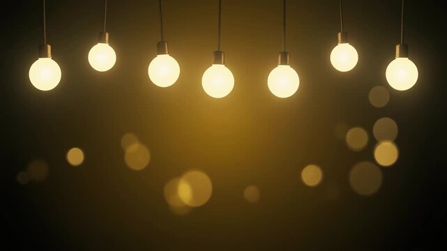 Row of Warm Glowing Pendant Light Bulbs Against a Dark Background yellow
