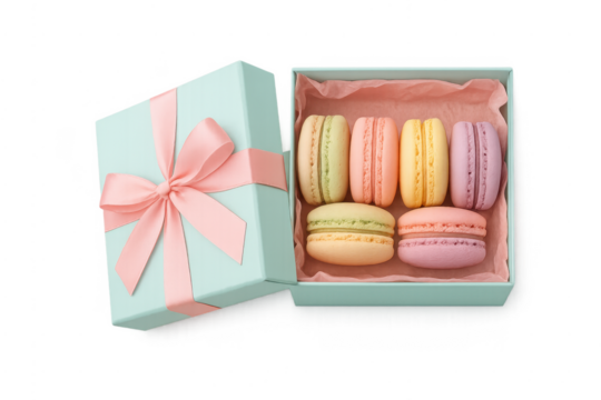 Colorful macaron gift box with pastel desserts for celebration