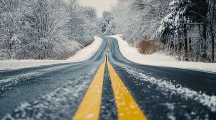 Fototapeta premium Drive through a captivating winter wonderland landscape with snow-covered trees lining the winding road ahead, perfect for travel inspiration