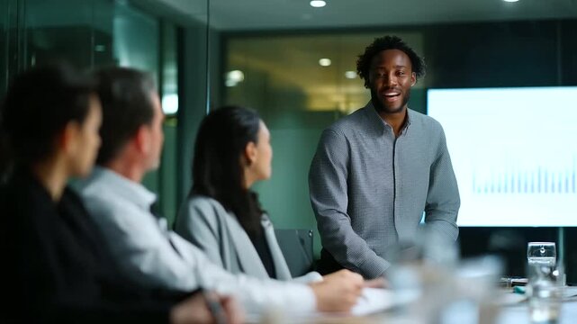 Business meeting in a modern glass-walled conference room, diverse team of professionals sitting around a table while a presenter stands and points at a large digital screen showin - Powered by Adobe