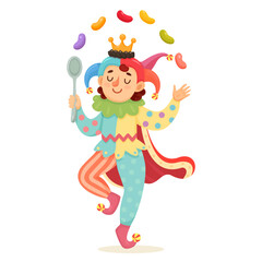 Candy Clown Juggling Jelly Beans – Fantasy Illustration-A vibrant vector illustration of a whimsical jester character wearing a mismatched outfit with polka dots and stripes.  