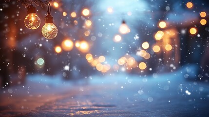Celebrate the magical winter snowfall with glowing lights adding warmth to the peaceful night, perfect for holiday cheer and seasonal promotions