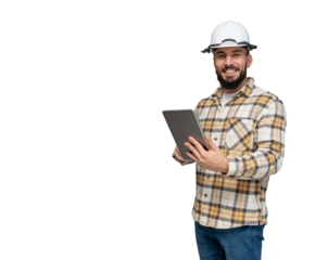 Engineer smiling, wearing hard hat and plaid shirt, holding digital tablet for construction project management, isolated on transparent background