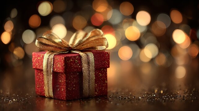 Elegant red gift box with shimmering gold ribbon against festive bokeh lights, perfect for holiday promotions and heartfelt wishes, luxurious present