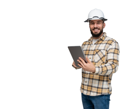Engineer smiling, wearing hard hat and plaid shirt, holding digital tablet for construction project management, isolated on transparent background
