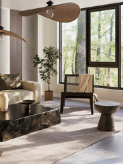 Naklejka premium Large luxury modern bright interiors Living room mockup illustration 3D rendering image