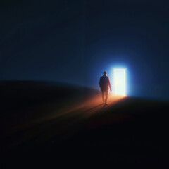 Man Approaching Glowing Door in the Dark