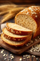 Naklejka premium Freshly baked whole wheat oat bread slices on cutting board