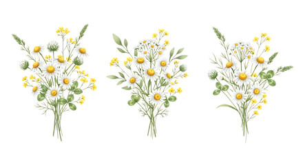 Fototapeta premium Three watercolor bouquets of wildflowers including daisies and grass, isolated on transparent background