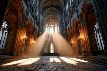 Obraz premium Gothic cathedral interior with light rays streaming through windows