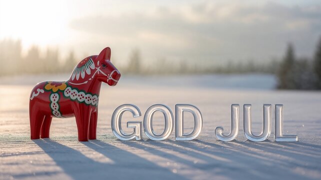 Swedish red Dala horse and text God Jul in ice letters on snowy field, traditional Scandinavian Christmas greeting