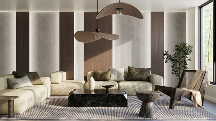 Naklejka premium Large luxury modern bright interiors Living room mockup illustration 3D rendering image