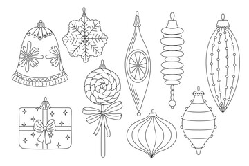 Christmas tree baubles set lollipop, gift, snowflake, bell festive decor doodle outline hand drawn vector illustration for winter holidays seasonal greeting card, invitation, sticker, line art clipart