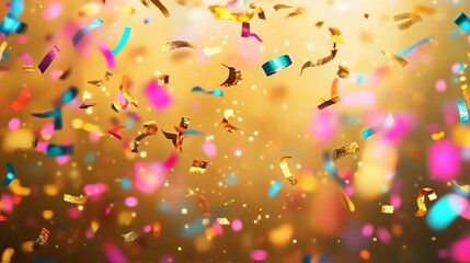 Celebrate success with vibrant confetti falling against a festive gold background, perfect for party invitations, promotions, and joyful announcements