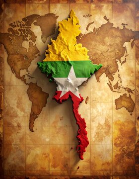 Myanmar colorful flag overlays its map on a vintage world map, highlighting its Southeast Asian location. The design showcases national pride, geography, and cultural identity.