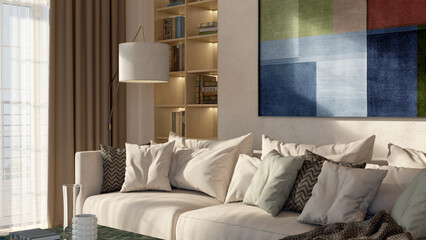 Fototapeta premium Large luxury modern bright interiors Living room mockup illustration 3D rendering image