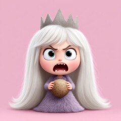 Cute character with white hair and crown looks angry while holding a cookie on a pink background