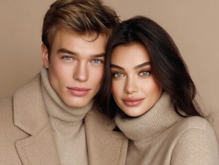 Young couple posing closely in stylish beige sweaters against a neutral background