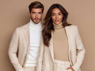 Stylish couple poses together in neutral-toned outfits against a minimalist backdrop