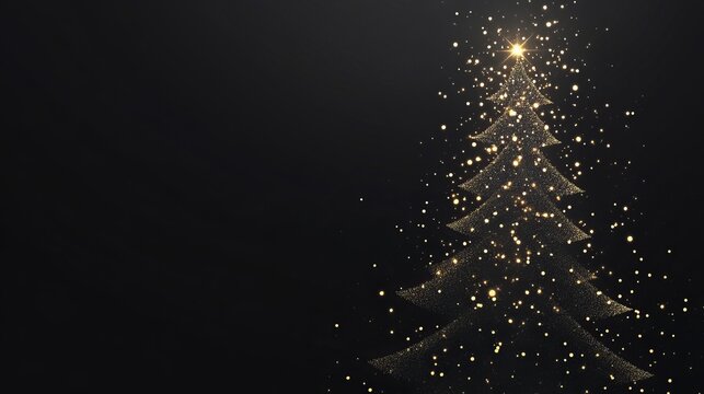 Elegant golden Christmas tree glittering against a dark background perfect for holiday greetings, festive backgrounds, and modern yuletide designs