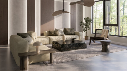 Fototapeta premium Large luxury modern bright interiors Living room mockup illustration 3D rendering image