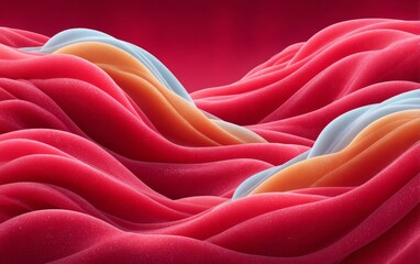 Colorful undulating waves create a vibrant and dynamic abstract landscape in red shades