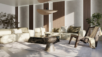 Fototapeta premium Large luxury modern bright interiors Living room mockup illustration 3D rendering image