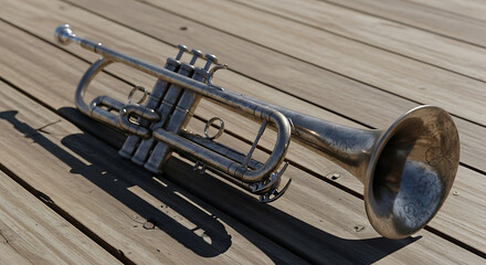 Obraz premium A shining trumpet casts a shadow upon a weathered wooden deck. The instrument's polished surface and intricate details capture the light.