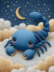 Cute blue scorpion resting on fluffy clouds under a starry night sky with a crescent moon