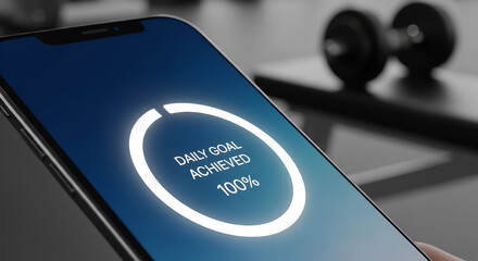 Smartphone displaying daily goal achieved with 100 percent completion near fitness weights equipment.