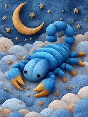 Bright blue scorpion explores a starry night sky filled with clouds and a crescent moon
