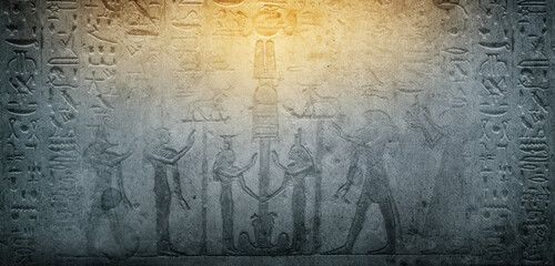 Gods of ancient egypt and old Egyptian hieroglyphs on ancient background. Wide historical background. Ancient Egyptian hieroglyphs as a symbol of the history of the Earth.