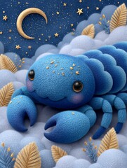 Whimsical blue crab resting on clouds under a starry night sky