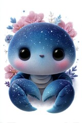 Cute cartoon crab with colorful flowers and a starry design in a whimsical style