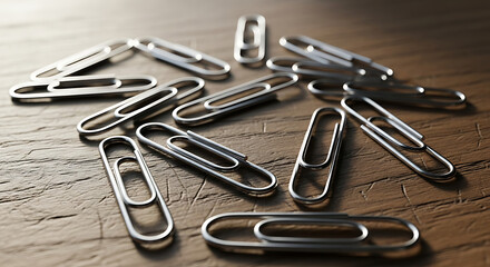 A cluster of glistening paper clips rests casually upon a rustic, wooden surface, their metallic sheen contrasting with the natural texture below.