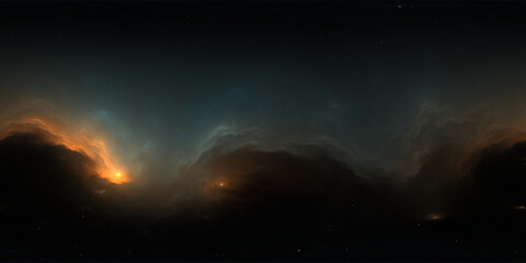 Fototapeta premium 360 degree space nebula. Giant interstellar cloud with stars, equirectangular projection, environment map. Spherical panorama. 3D rendering, Fractal image